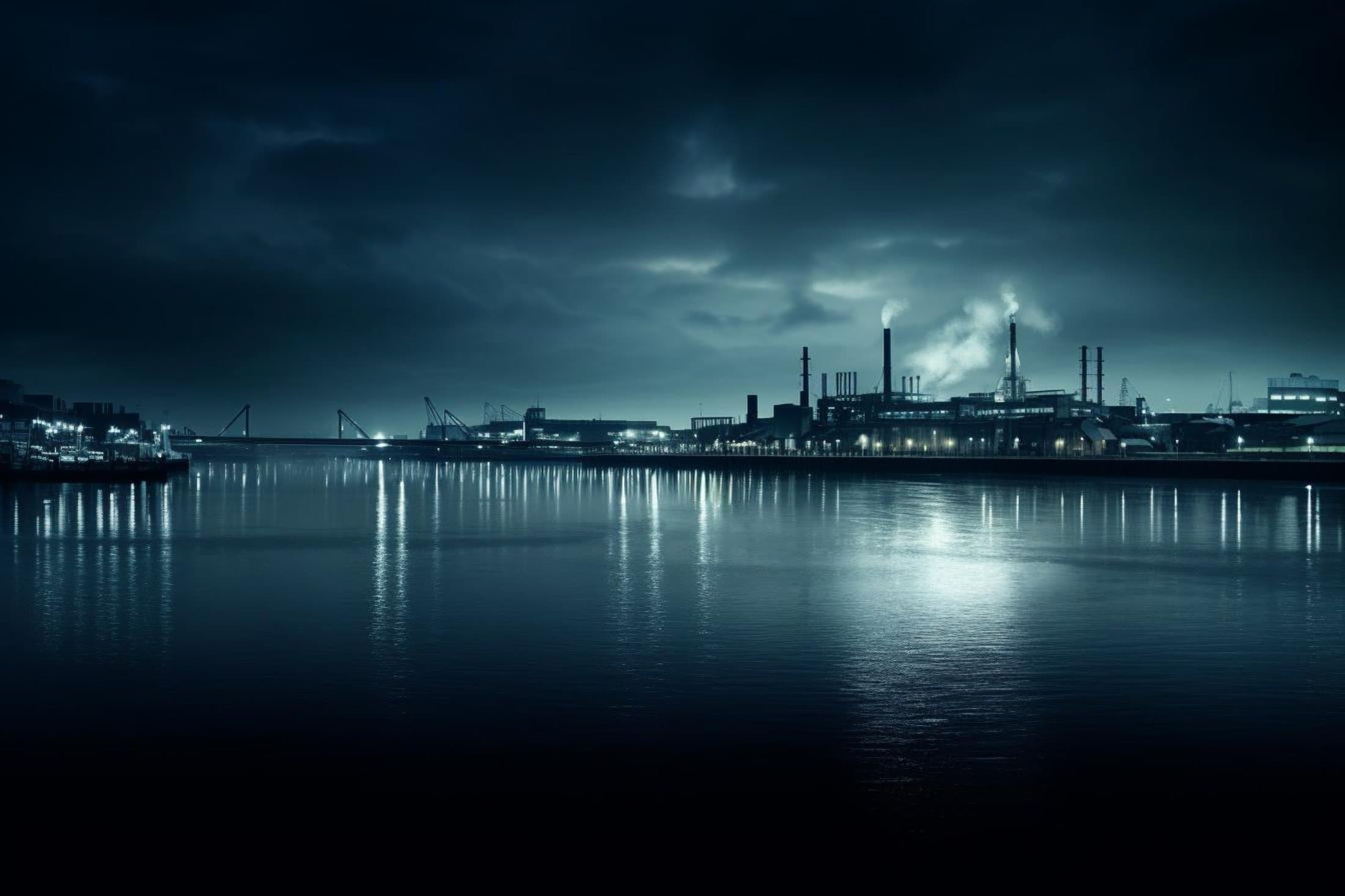 An industrial factory over a river at dusk