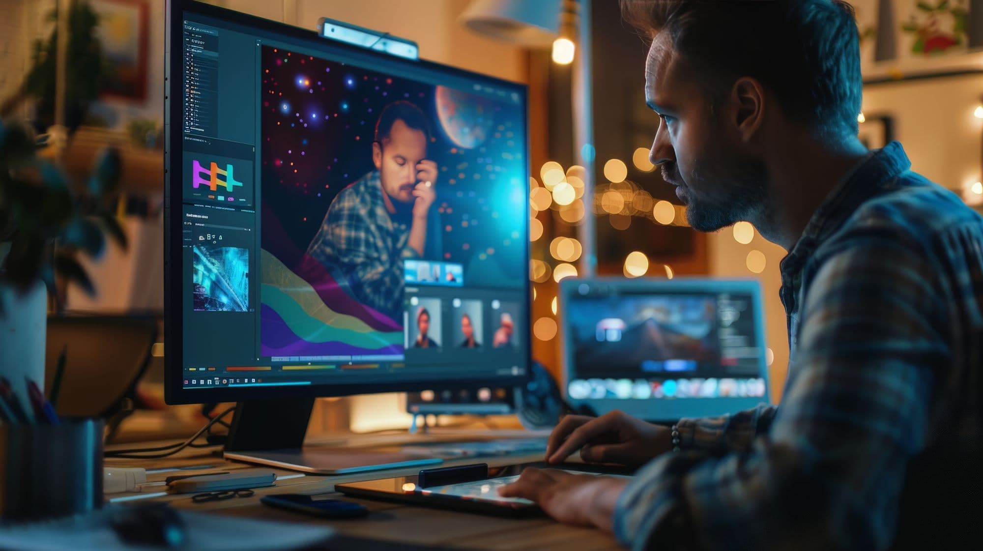 A graphic designer creating an advertisement on a graphics tablet