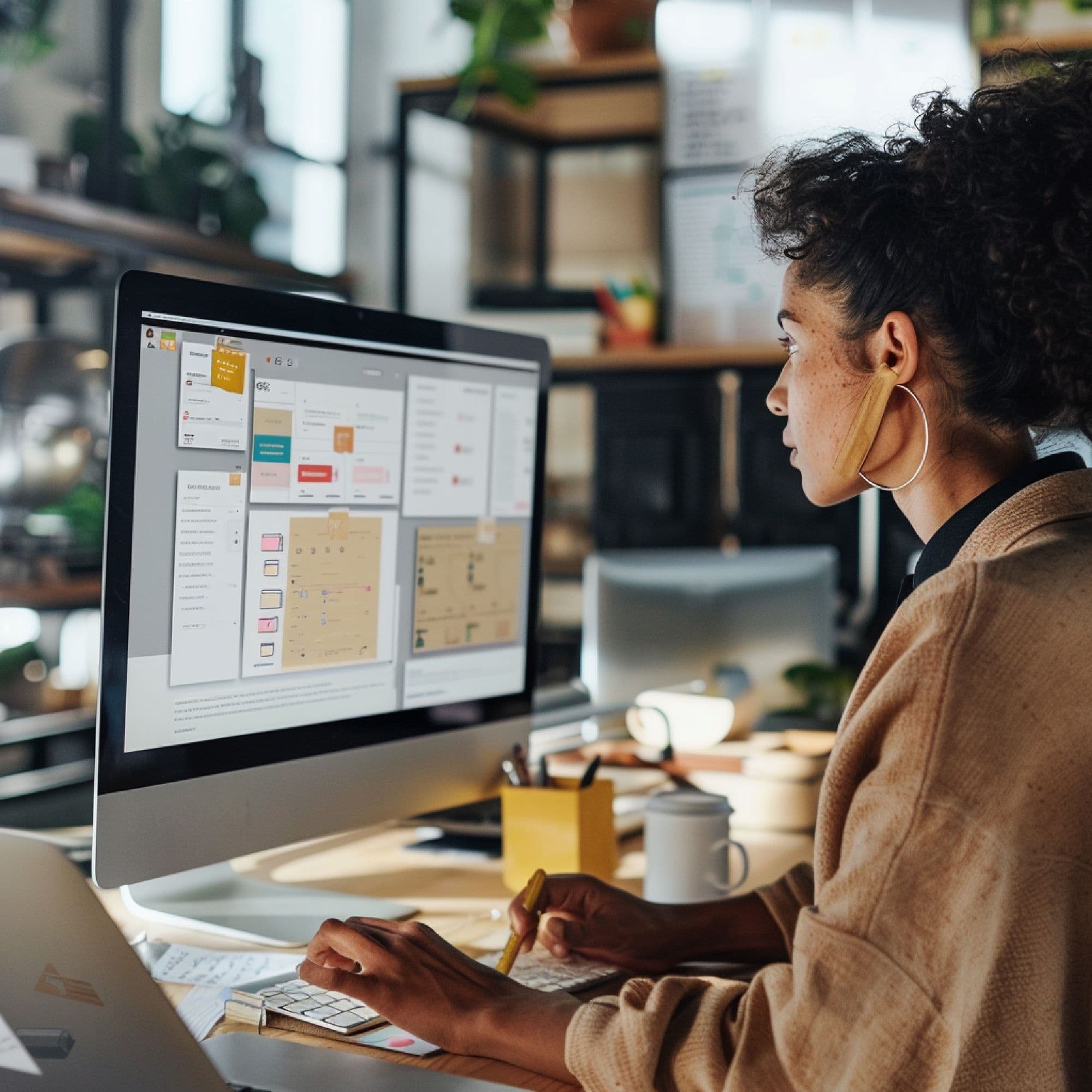A marketer designing an email template using drag-and-drop tools on a computer screen